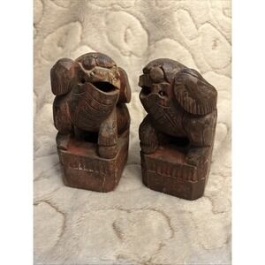 RARE Pair of Antique/Vintage Hand Carved Wood Foo Dogs From Qing Dynasty